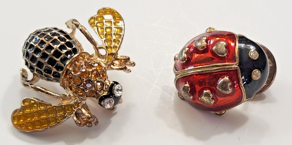 Vtg Set of 2 Brooch/Pins Black/Yellow Bee Red/Black Lady Bug Enamel Rhinestones